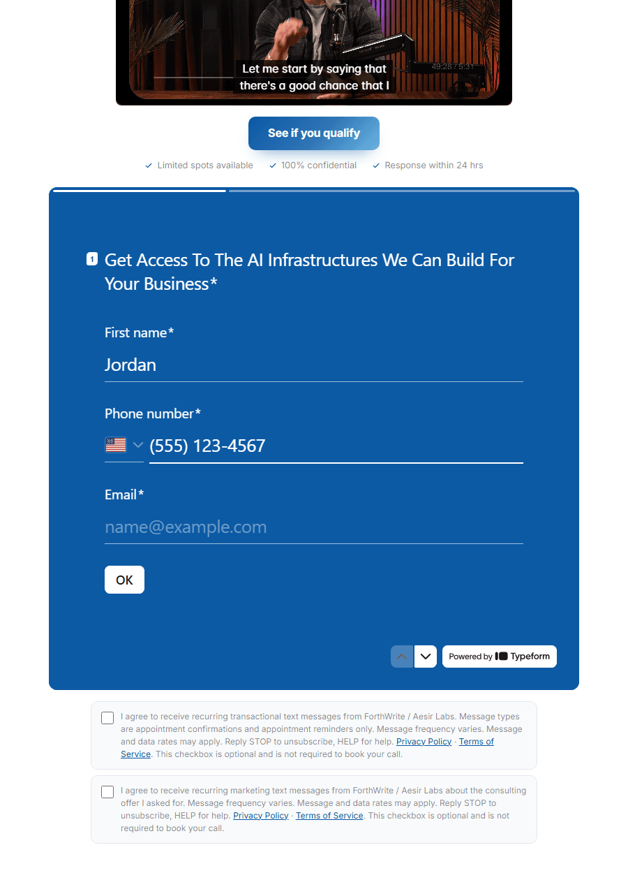 Screenshot of the ForthWrite consulting contact form showing the phone number field and two unchecked SMS consent checkboxes with disclosure text