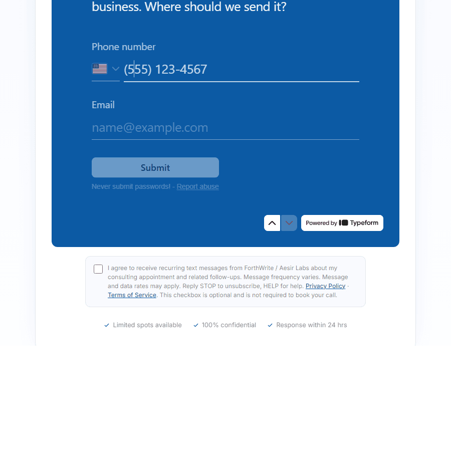 Screenshot of the ForthWrite consulting qualification form showing the phone number field and the unchecked SMS consent checkbox with disclosure text