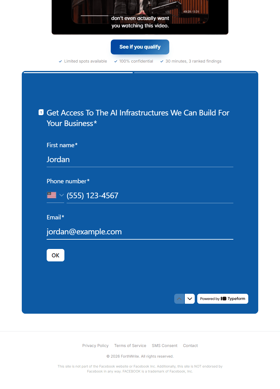 Screenshot of the ForthWrite consulting contact form showing the phone number field and two unchecked SMS consent checkboxes with disclosure text